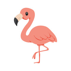 A cartoon flamingo with pink feathers and a pink beak. The flamingo is walking on its right leg