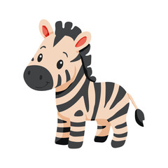 A cartoon zebra with a smile on its face. The zebra is standing on a white background