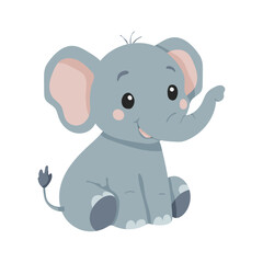 A cartoon elephant is sitting on a white background. The elephant is smiling and has its trunk raised
