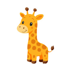 A cute giraffe with a big smile on its face. The giraffe is standing on a white background