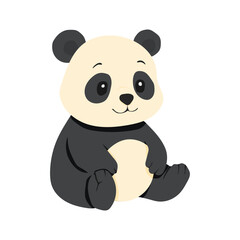 A cute cartoon panda bear is sitting on a white background. The bear has a big smile on its face and looks very happy