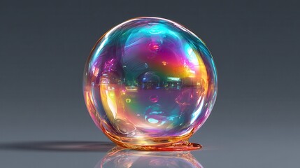 Iridescent spherical glass sculpture exhibits striking colorful light reflections and refractions