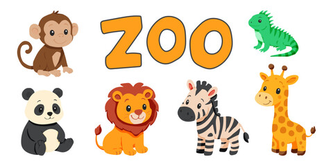A group of animals are shown in a zoo. The animals include a giraffe, a zebra, a monkey, a panda, a lion, and a lizard