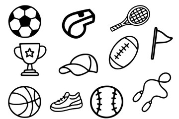 Sports Equipment and Games Outline Icon Set - Hand Drawn