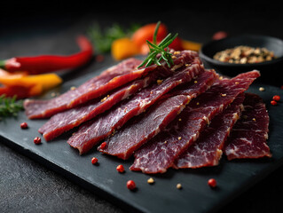 Delicious Thinly Sliced Cured Meat on a Black Slate with Herbs and Peppers
