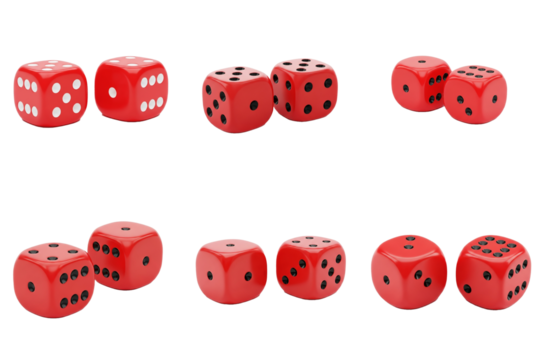 Set of vibrant red dice showing various numbers against a transparent backdrop