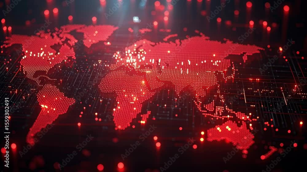 Poster global connectivity represented through a digital world map with red dots highlighting locations