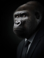 Chimpanzee in Formal Suit Posing Against Dark Background, Dignified Portrait
