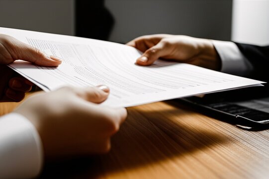 Document Exchange: Hands Passing Paperwork Over Wooden Desk with Phone