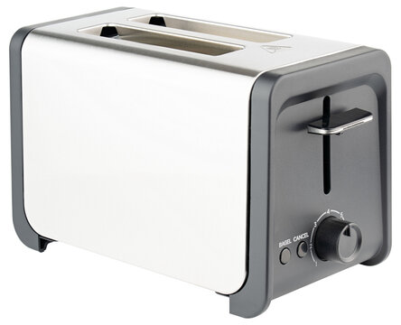 Toaster. Toaster for 2 slice bread, bagel, bun, toast. Toaster of brushed stainless steel, aluminum. Cooking toasted sliced bread for morning meal, breakfast. Electric kitchenware. Isolated background