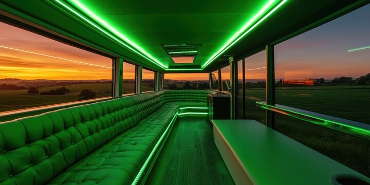 Luxury Party Bus Interior at Sunset