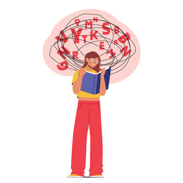Young girl student cartoon character having troubles with reading due to word recognition difficulty