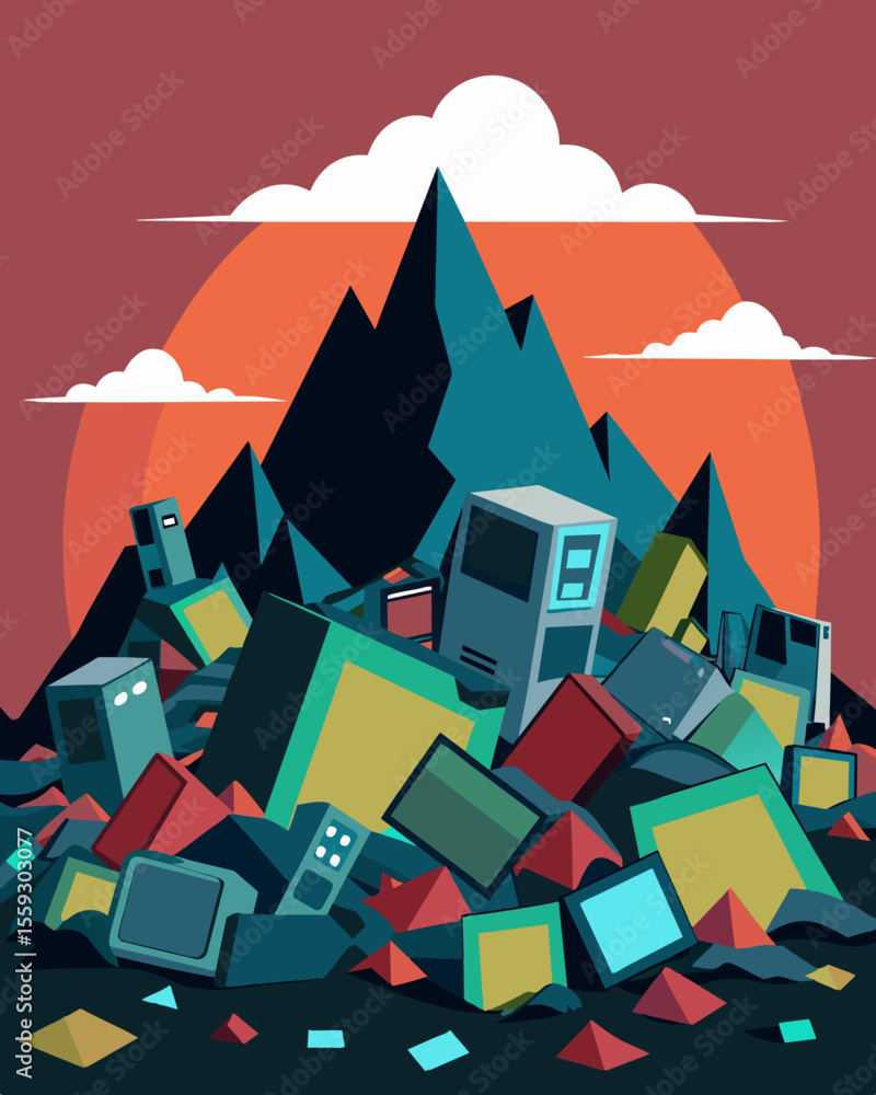 Poster a junkyard with mountains of discarded computer parts monitors and cpus piled high.. vector illustra