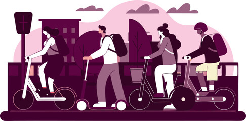 group of urban commuters using e-scooters and bike-sharing vector illustration