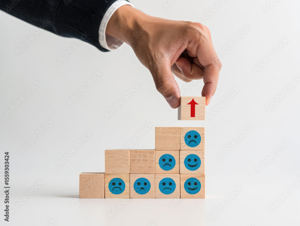 Poster elevating customer satisfaction a hand places an upward arrow block on a stack of wooden blocks with