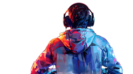 Focused e-sports player in mid-game action, wearing headset, isolated on transparent background