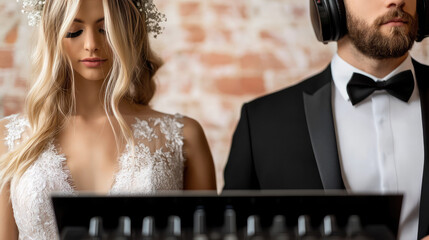 A bride in a white dress stands next to a man in a tuxedo with headphones, behind DJ mixer. Wedding music concept