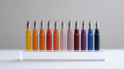 Rows of colorful fountain pen nibs are neatly arranged in holders. Concept: Creativity, organization, stationery