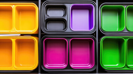 Colorful plastic food containers are neatly arranged in a grid-like pattern. Vibrant order and organization