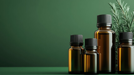 Brown glass bottles with black caps are arranged in a row next to sprigs of rosemary. Concept: aromatherapy, natural products, wellness