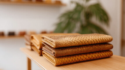 Folded brown leather items are stacked neatly on a wooden table in a bright room. 