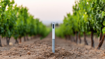 Sensor placed in the soil between vineyard rows, monitoring environment. Technology in agriculture, precision farming concept