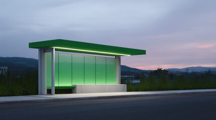 Modern bus shelter with green roof and glass panels, located on a roadside at dusk. Concept: contemporary urban infrastructure