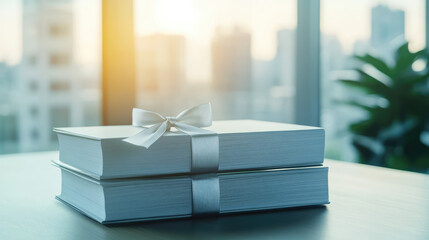 Books tied with a ribbon sit on a table near a window with a cityscape in the background. Concept: gift, knowledge, education, elegance