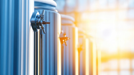 Rows of shiny metal tanks with valves are aligned, catching sunlight. Industrial equipment, manufacturing, stainless steel tanks