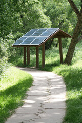 Solar panels mounted on a wooden structure stand beside a winding path in a lush green forest. Renewable energy in nature setting