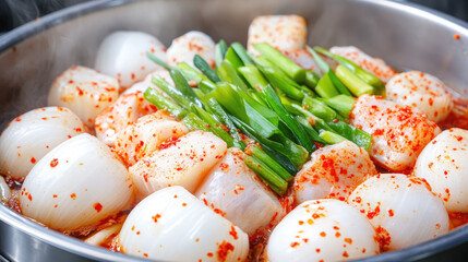 Onions and green vegetables with spices are arranged in a pot, likely in the process of cooking. Savory, spicy dish preparation