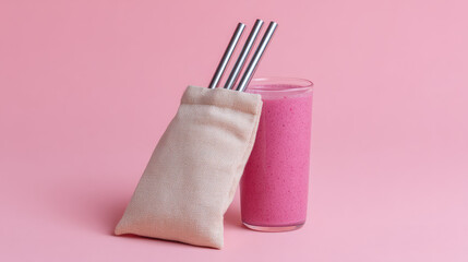 A pink smoothie in a glass is placed beside a small fabric bag holding metal straws. Sustainable lifestyle and healthy beverage concept