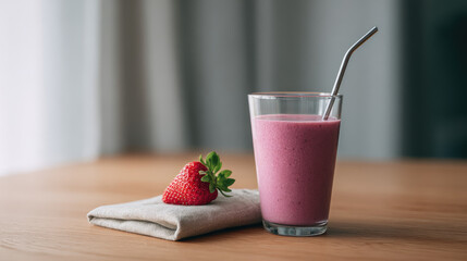 A glass of pink smoothie with a metal straw sits on a wooden table next to a fresh strawberry atop a folded napkin. Refreshing beverage and fruit