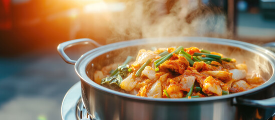 Steaming food with vegetables and meat is in a metal pot outdoors under bright sunlight. Culinary art, outdoor cooking