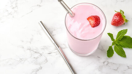 A glass of pink strawberry smoothie with a metal straw sits on a marble surface, accompanied by a fresh strawberry and mint leaves. Refreshing beverage concept