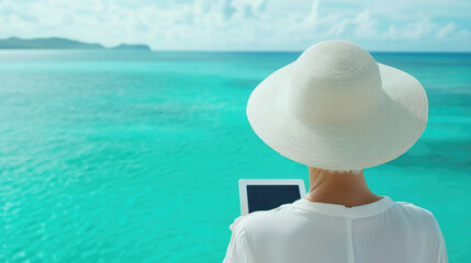 A person in a wide-brimmed hat looks at a tablet while facing a vibrant turquoise sea. Relaxation, technology, and ocean view