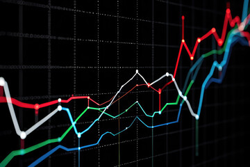 Dynamic Data Visualization A Complex Network of Colorful Lines on Black, Representing Market Trends, Financial Analysis, and the Interconnectedness of Global Economics