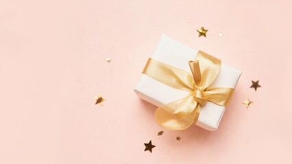 White Gift Box with Gold Ribbon on Pink Background. An overhead shot of a small, white gift box tied with a delicate gold ribbon. The box is centered on a soft, pink background 