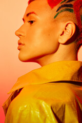 young woman with stylish short hair and colorful shaved patterns wearing a yellow jacket, glowing...