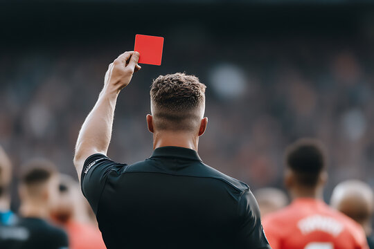 Soccer referee holds up a red card, signaling a penalty or ejection during a match, with a crowd visible in the background.