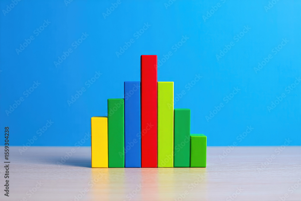 Poster colorful wooden blocks arranged as a bar graph on a blue background illustrating data analysis and b