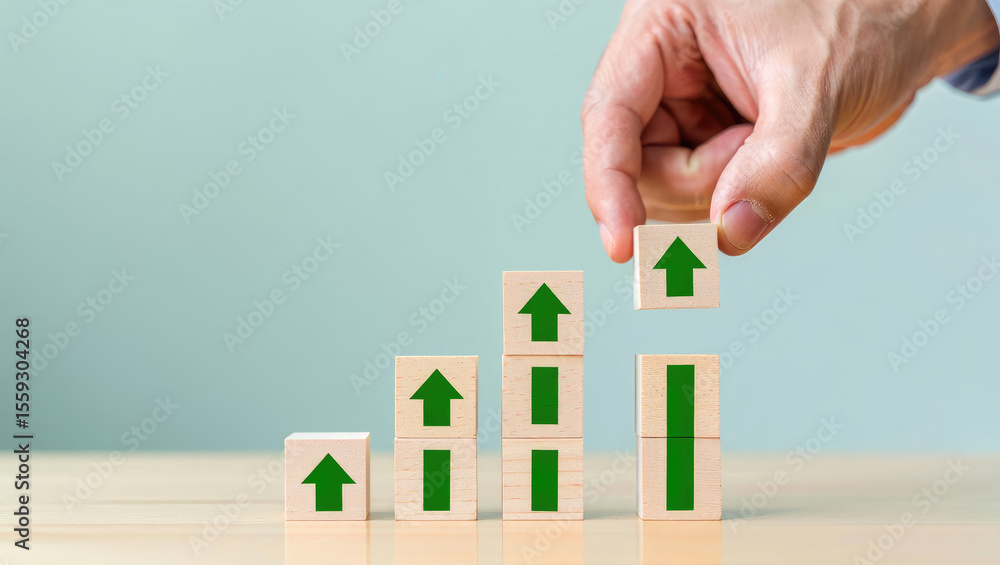 Poster hand placing a wooden block with an upward arrow on top of a stacked bar graph symbolizing growth an