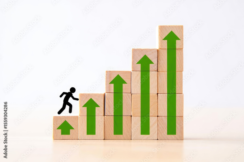 Poster conceptual illustration of career advancement a stick figure climbs stairs made of blocks with upwar