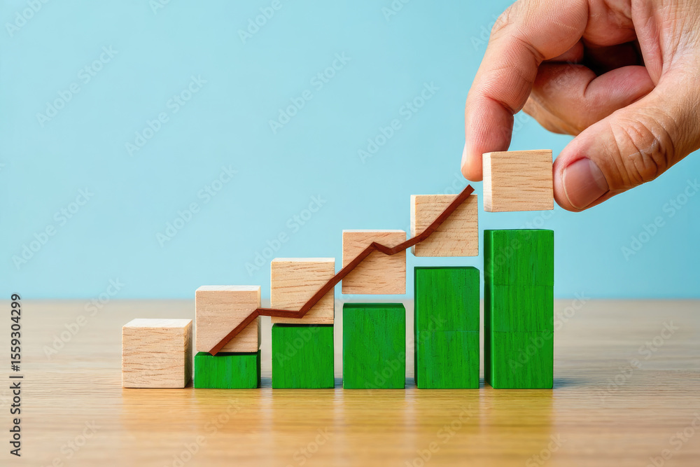 Poster building blocks of success a hand adds a wooden block to a growing bar graph with an upward trend li