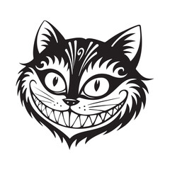 Fairytale cat with a grinning smile, black silhouette on transparent background, vector drawing
