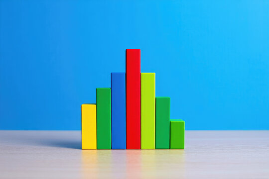 Colorful Wooden Blocks Arranged as a Bar Graph on a Blue Background Illustrating Data Analysis and Business Performance with a Focus on Statistical Representation