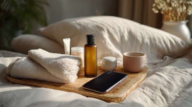 Morning relaxation with skincare products and smartphone on a bed in sunlight