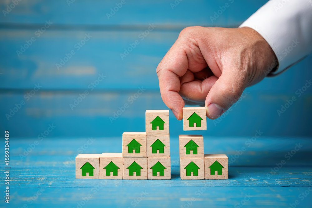 Poster building blocks of success a hand placing a house icon block on a growing stack representing real es