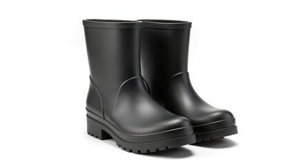 Black rubber rain boots with thick sole on white background  