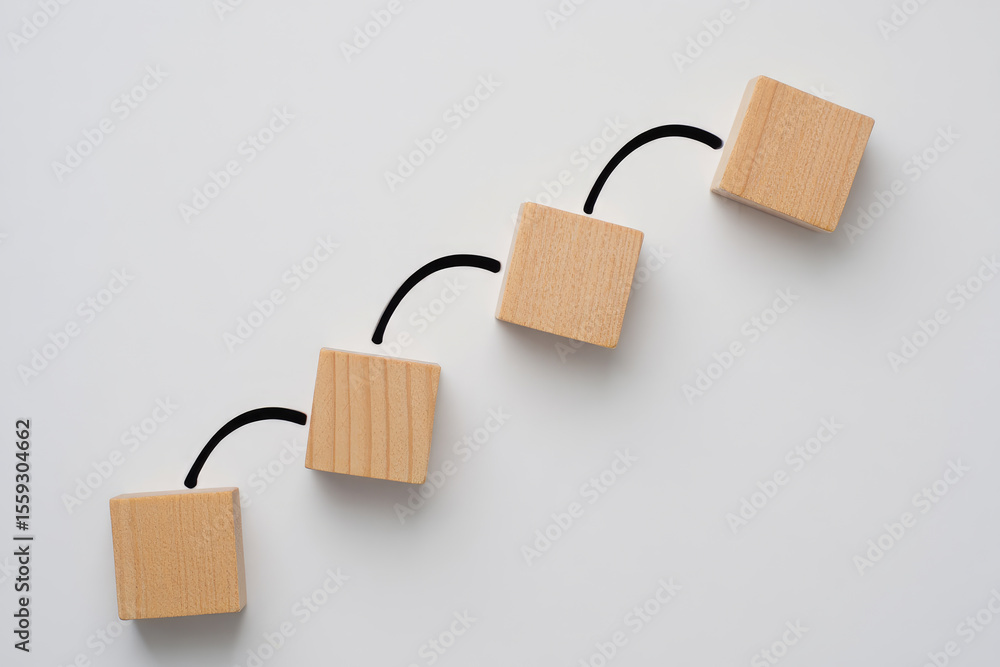 Poster conceptual wooden blocks arrangement displaying gradual progression and interconnectivity on a clean